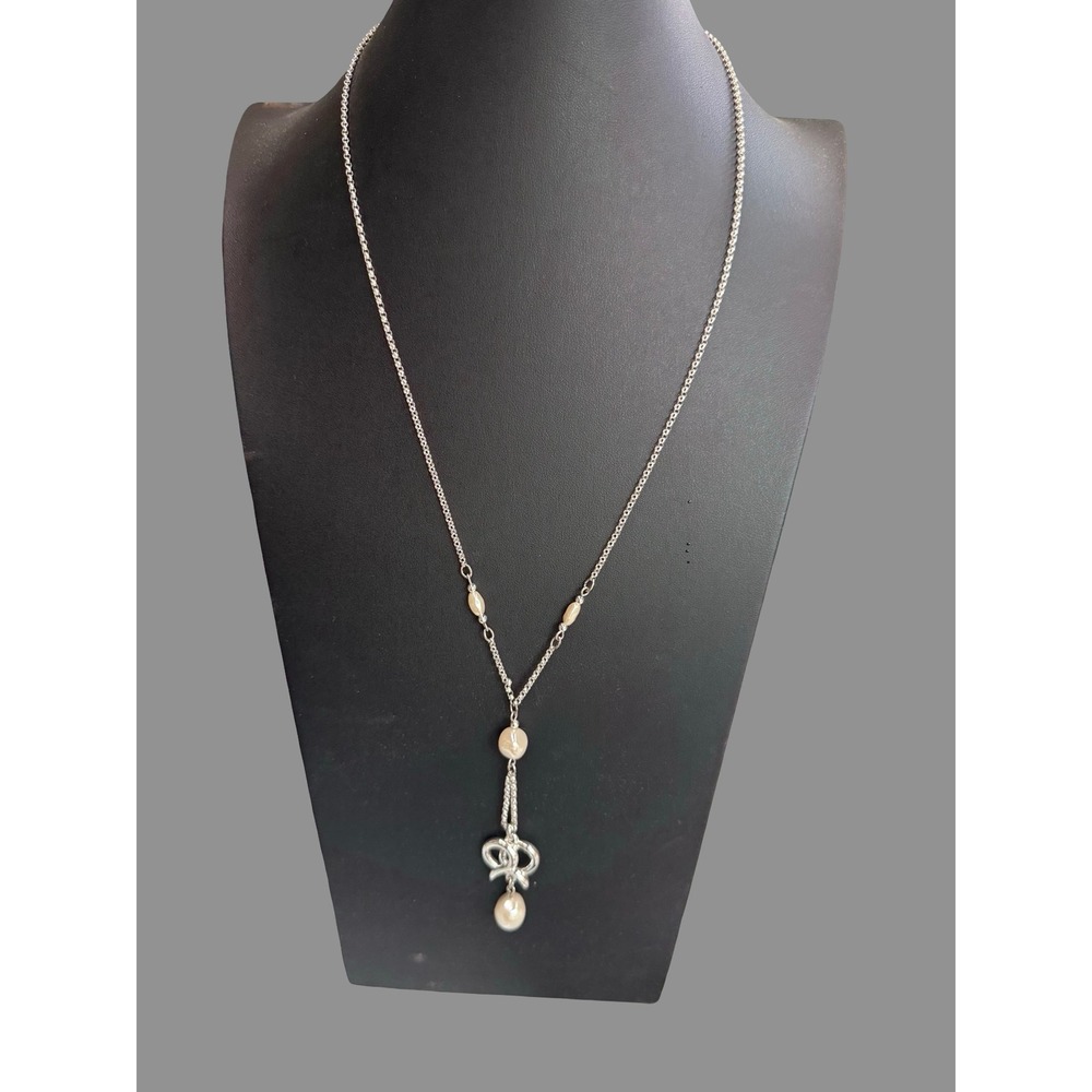 Napier Vintage Silver-Tone Lariat Necklace‎ with Faux Pearl Drops | Signed